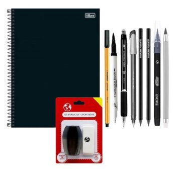 Kit Material Escolar/Escritório Preto Com Lápis Infinito & Caneta Stabilo – Tilibra