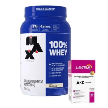 100% Whey Protein Concentrado – 900g + Multivitamínico A-Z Mulher – 90 Cáps – Lavitan – Max Titanium